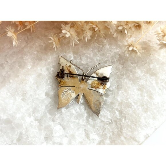 Butterfly Shaped Mexican Made Abalone Shell Inlay Vintage Sterling Silver Brooch - Picture 9 of 10